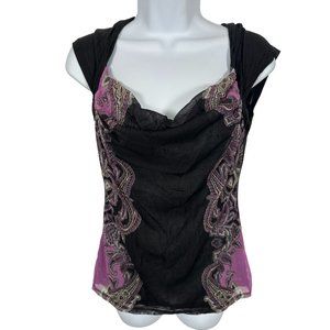Vintage INC Medium Top Blouse Womens Y2K 90s Black Purple Stretch Sexy Femme